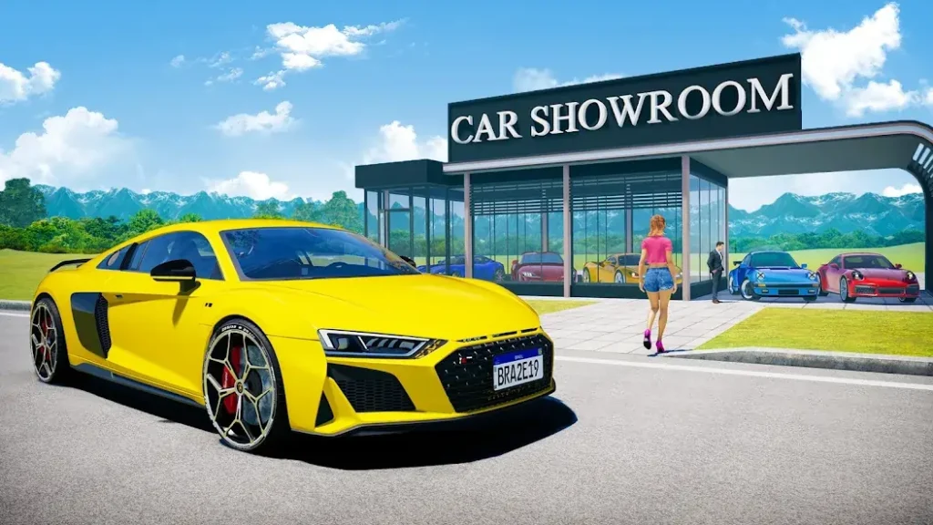 A yellow car standing outside a car showroom in Car Saler Simulator Dealership MOD APK 