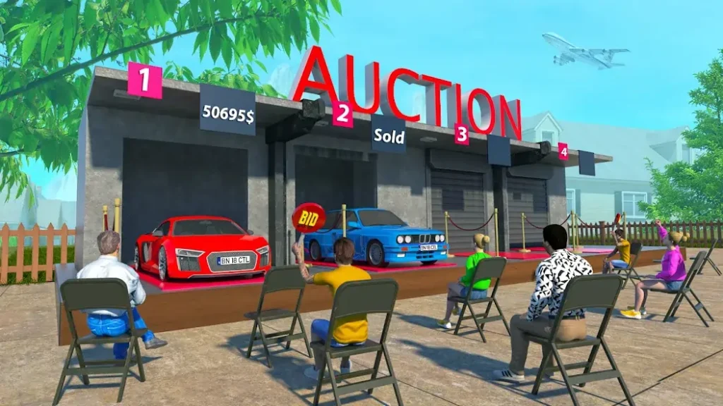 People bidding in a car auction for two cars in Car Saler Simulator Dealership MOD APK
